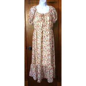 Wallflower Floral Maxi Dress XL Pink Cream Puff Sleeve Cottagecore Tiered Ruffle